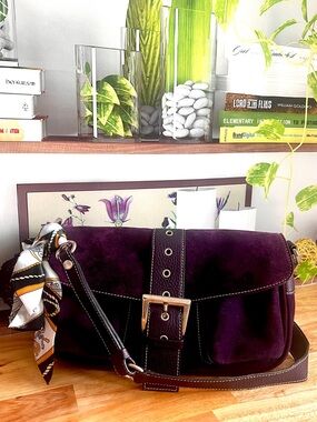 Vintage Purple Genuine Suede Leather Shoulder Bag Made In Italy